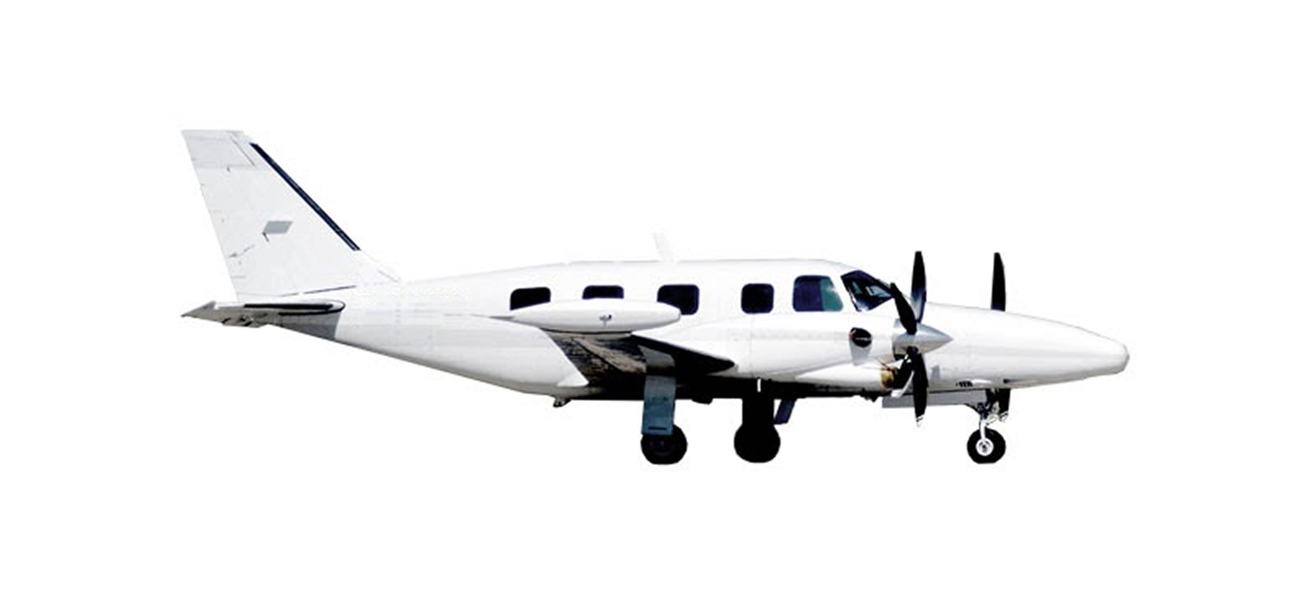 Piper PA31 Cheyenne Un élégant avion à hélice blanc à deux moteurs est représenté de côté sur un fond blanc pur, parfaitement adapté aux missions de surveillance d'ouvrage.